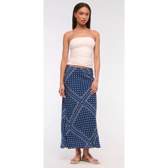 Abercrombie & Fitch Midi Rise Maxi Skirt Navy Blue Polka Dot Geometric Medium - Picture 10 of 10